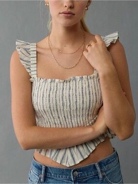 American Eagle Outfitters Blue and Cream Striped Smocked Ruffle Crop Top